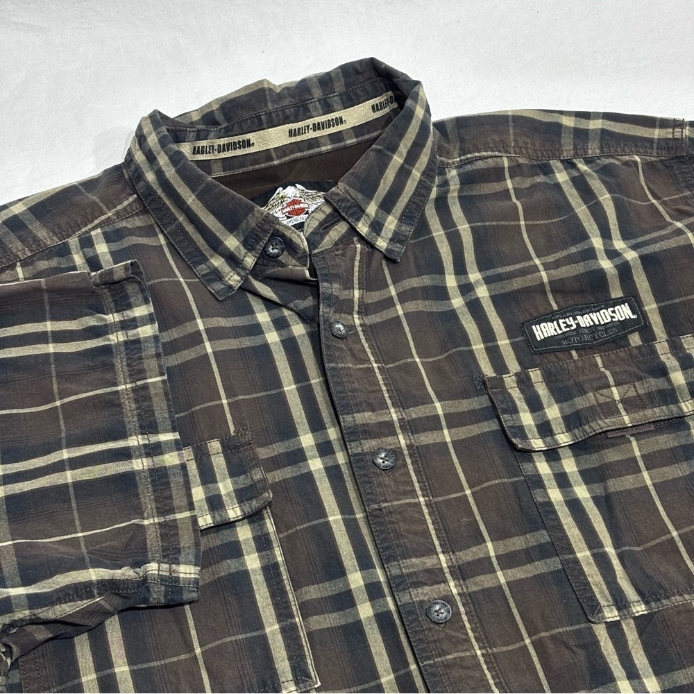 Harley Davidson Black Label Brown Plaid Pocket Short Sleeve Button Up 2XL Shirt